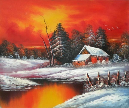 Sníh, chalupa, řeka, červené moderní, dekorativní obraz obraz do bytu, obraz do interieru.