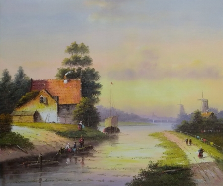 ručně malovaný obraz, obraz do interiéru, obraz moře, loď, mlýn, vesnice
