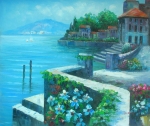 ručně malovaný obraz, moderní obraz do interiéru na zeď,moře, pobřeží, pláž, dům na pláži