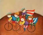 děti, kola, hnědá, okrová, červená, modrá, 