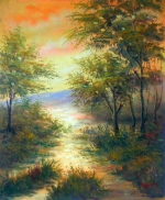 Les, podzimní krajina, obraz do bytu, západ slunce
