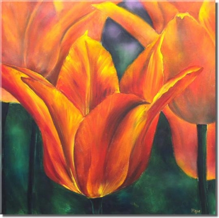 oranžová, červená, žlutá, zelená, tulipány, kytice, květiny, obraz do bytu