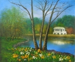 ručně malovaný obraz na zeď, obraz do interiéru, obraz přírody, moderní dekorace, dům, řeka, krajina