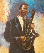 Jazzman, muž hrající na dechový nástroj, dekorativní obraz, obraz do bytu, obraz do interieru.