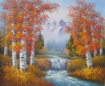 Řeka, břízy, hora, v podzimu, moderní, dekorativní obraz, obraz do bytu, obraz do interieru.