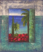 Okno, pláž, palmy, červené, moderé, dekorativní obraz, obraz do bytu, obraz do interieru.