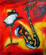 saxofon, červené, moderní, dekorativní obraz, obraz do bytu, obraz do interieru.