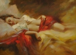 Obraz do bytu, ručně malovaný obraz, obraz do interiéru, žena, krása, spánek, červená, okrová, bílá, krásná dívka